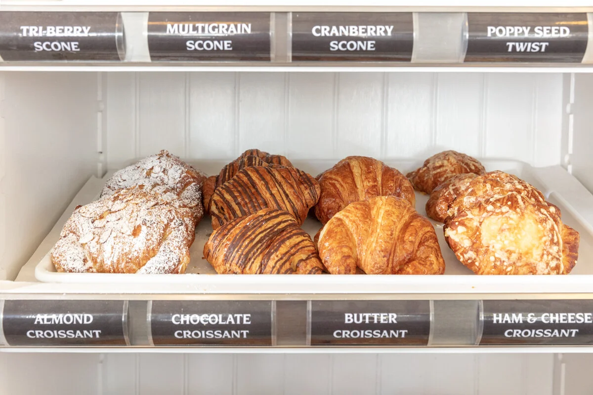 Warm chocolate and almond croissants on the sunlit patio
