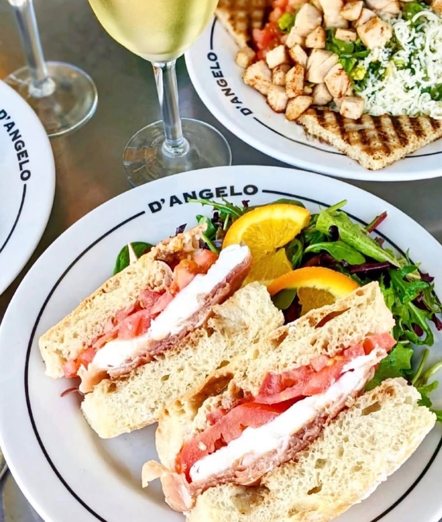 Prosciutto mozzarella tomato ciabatta sandwich with side salad & white wine