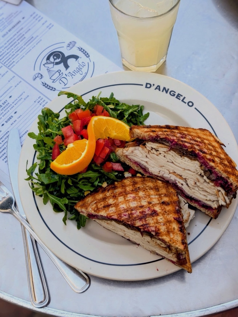 Grilled turkey cranberry sandwich on sourdough with arugula salad & lemonade
